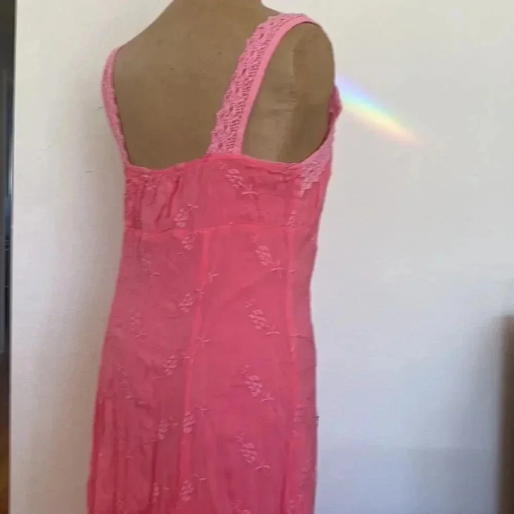 JOHNNY Was sz M ruffled embroidered pink strap dress gorgeous color beachy - Picture 5 of 9